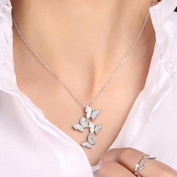 NEW 925 Sterling Silver Diamond Butterfly Necklace - Picture 1 of 7